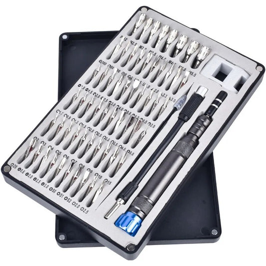 Front view of the 64-in-1 Precision Screwdriver Bit Set on top of the cover displaying its components