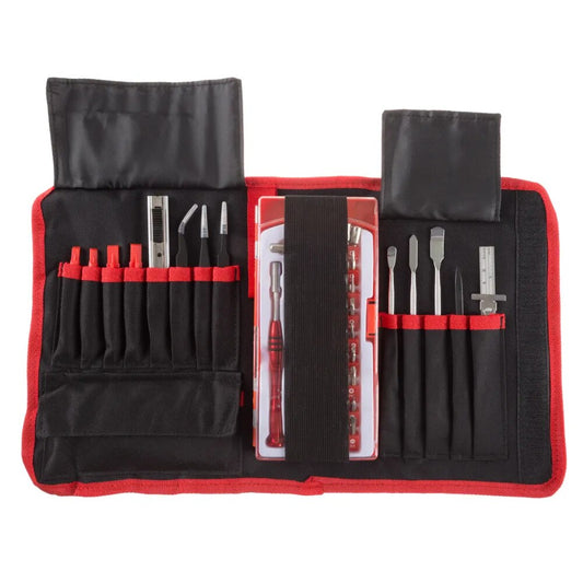 The 70pcs Electronic Repair Tech Tool Kit unrolled showings its internal layout