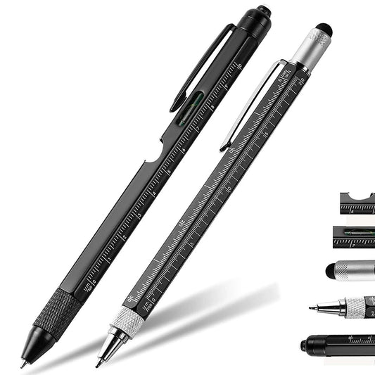 The 2pcs Multi Tool Ballpoint Pen With Ruler. Five graphics at the bottom right corner showing the different ends