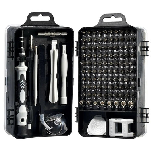 Front view of the black 115-in-1 Precision Screwdriver Set opened up displaying the contents inside