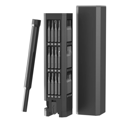 The 46-in-1 Precision Screwdriver Multi Bit Set with case off showing its contents and screw driver handle